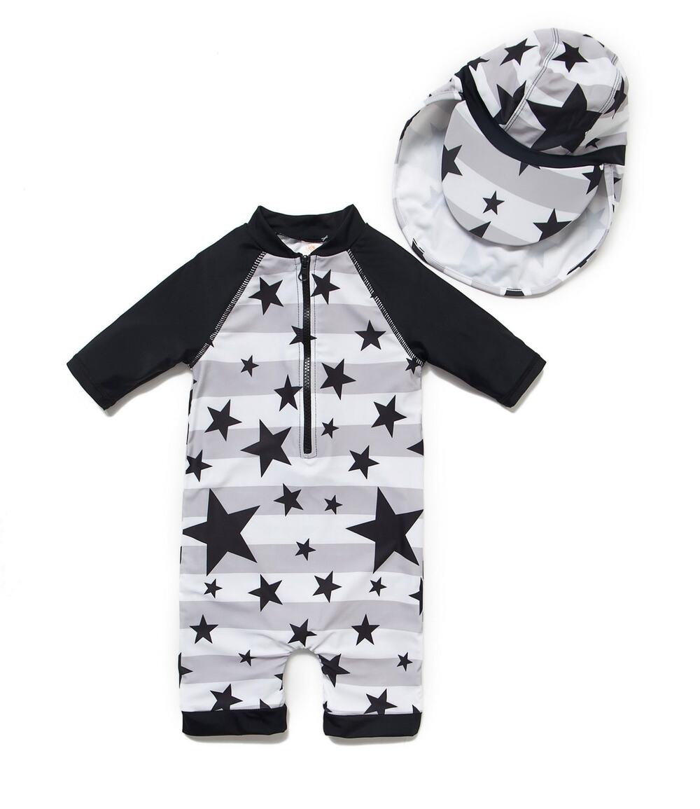 Unbranded Baby Boys Stars Stripe One-Piece Swim Bathing Suit & Hat